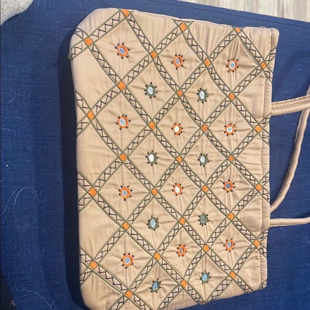 Embroidered Tan Tote Bag